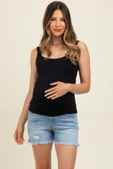 Light Blue Distressed Frayed Hem Maternity Shorts