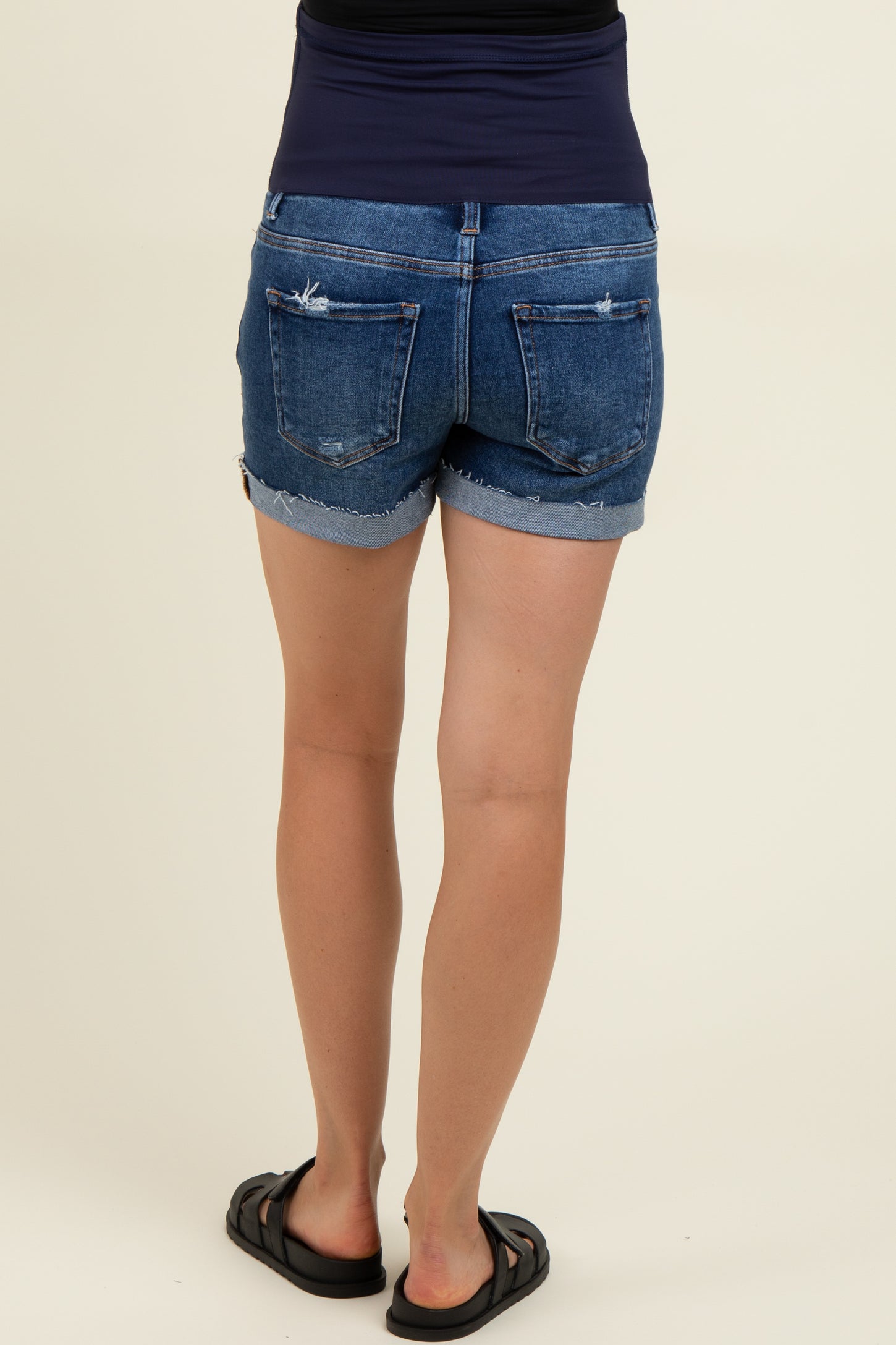 Navy Distressed Cuffed Maternity Jeans Shorts