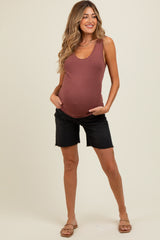 Black Raw Cut Hem Mid Length Maternity Denim Shorts