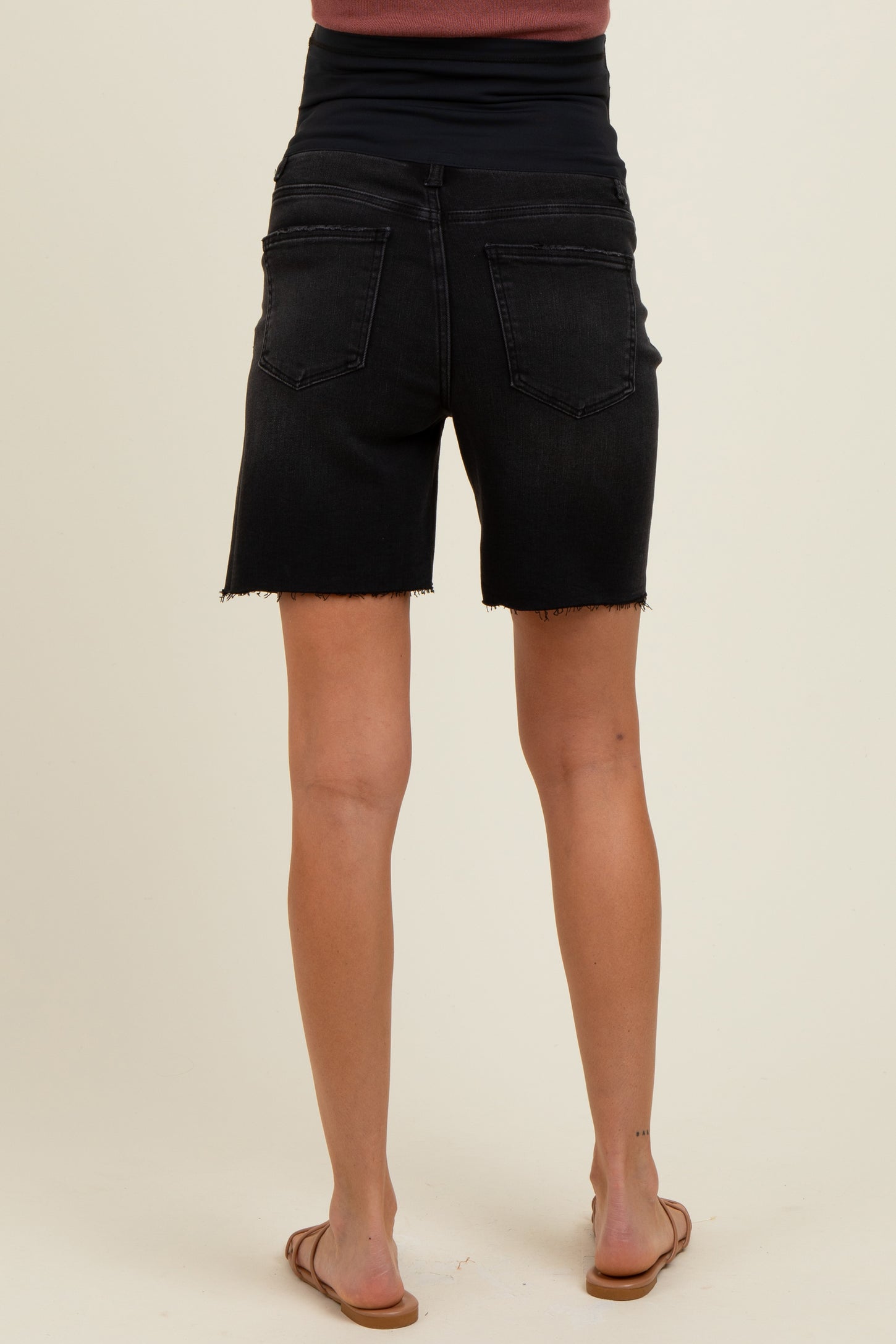 Black Raw Cut Hem Mid Length Maternity Denim Shorts