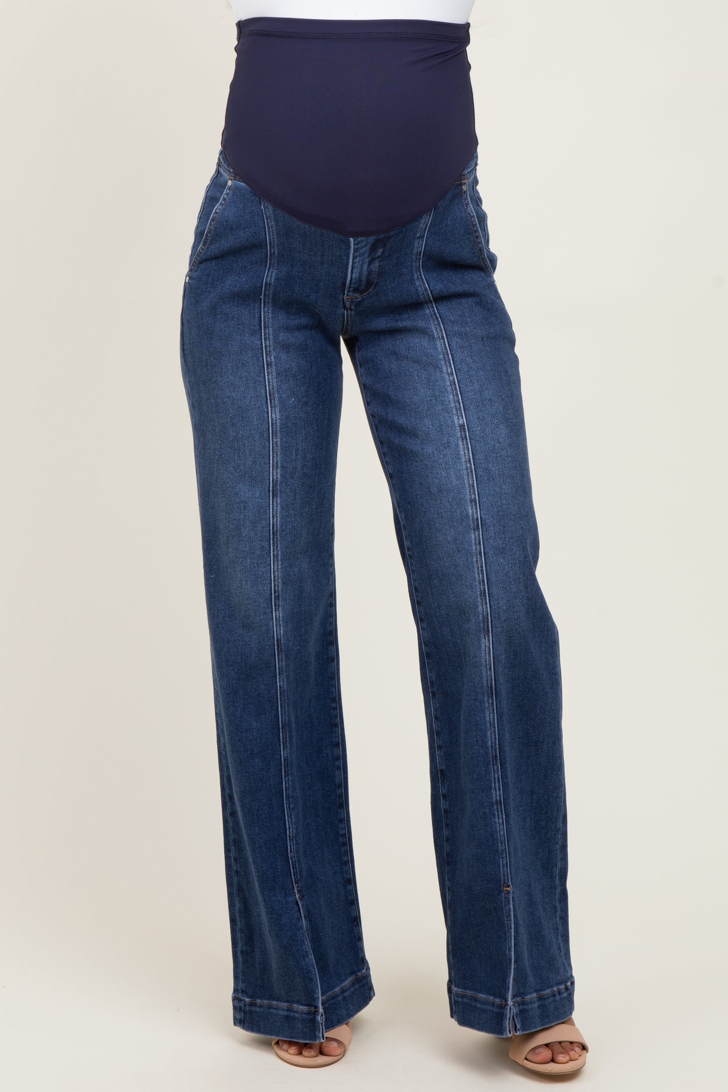 maternity wear denim wide-leg jeans with a stretchy navy blue waistband