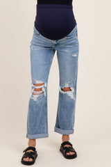 Light Blue Ripped Knee Rolled Cuff Straight Leg Maternity Jeans