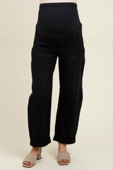 Black Rolled Cuff Barrel Leg Maternity Jeans