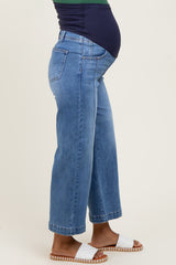 Blue Front Seam Cropped Wide Leg Maternity Jeans