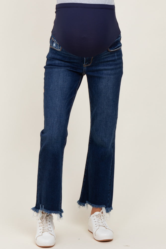 Navy Distressed Hem Cropped Bootcut Maternity Jeans