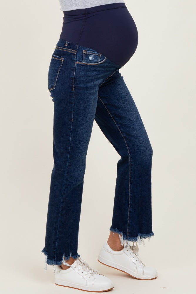 Navy Distressed Hem Cropped Bootcut Maternity Jeans