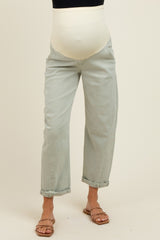 Light Olive Rolled Cuff Barrel Leg Maternity Jeans