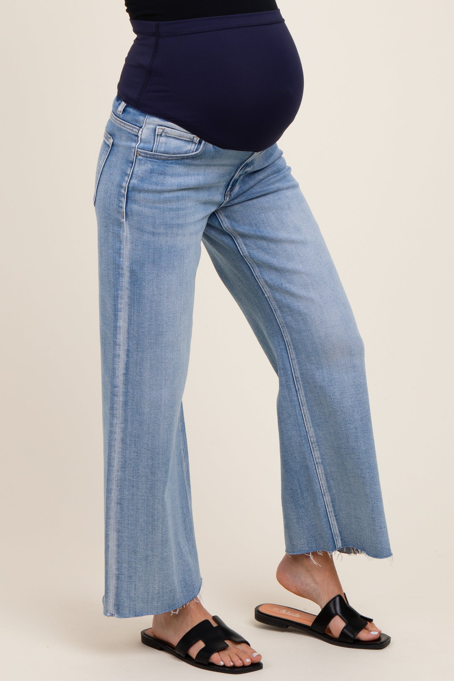 Light Blue Cut Hem Maternity Wide Leg Jeans