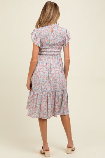 Light Blue Floral Mock Neck Smocked Ruffe Sleeve Maternity Midi Dress