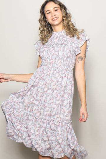 Light Blue Floral Mock Neck Smocked Ruffe Sleeve Midi Dress