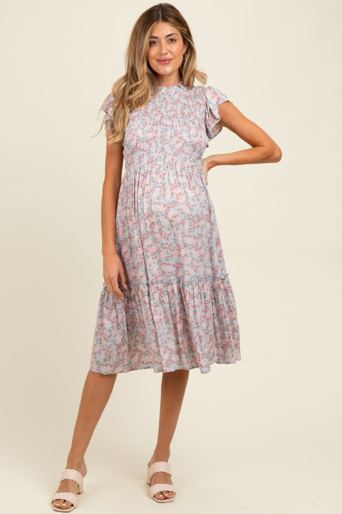 Light Blue Floral Mock Neck Smocked Ruffe Sleeve Maternity Midi Dress