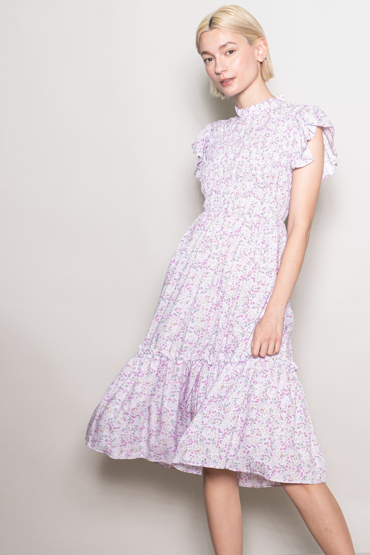 Pink Floral Mock Neck Smocked Ruffe Sleeve Maternity Midi Dress