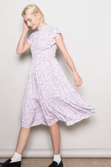 Pink Floral Mock Neck Smocked Ruffe Sleeve Midi Dress