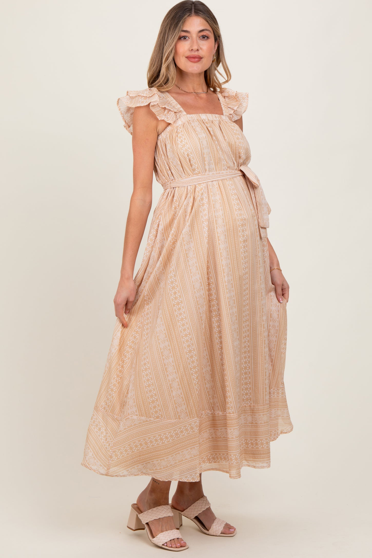 Peach Printed Ruffle Sleeve Sash Tie Maternity Midi Dress