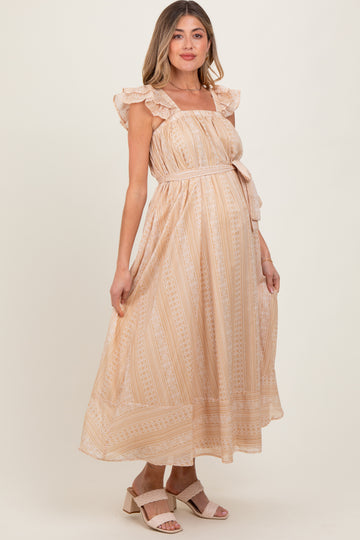 Peach Printed Ruffle Sleeve Sash Tie Maternity Midi Dress
