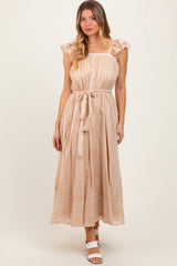 Peach Printed Ruffle Sleeve Sash Tie Midi Dress