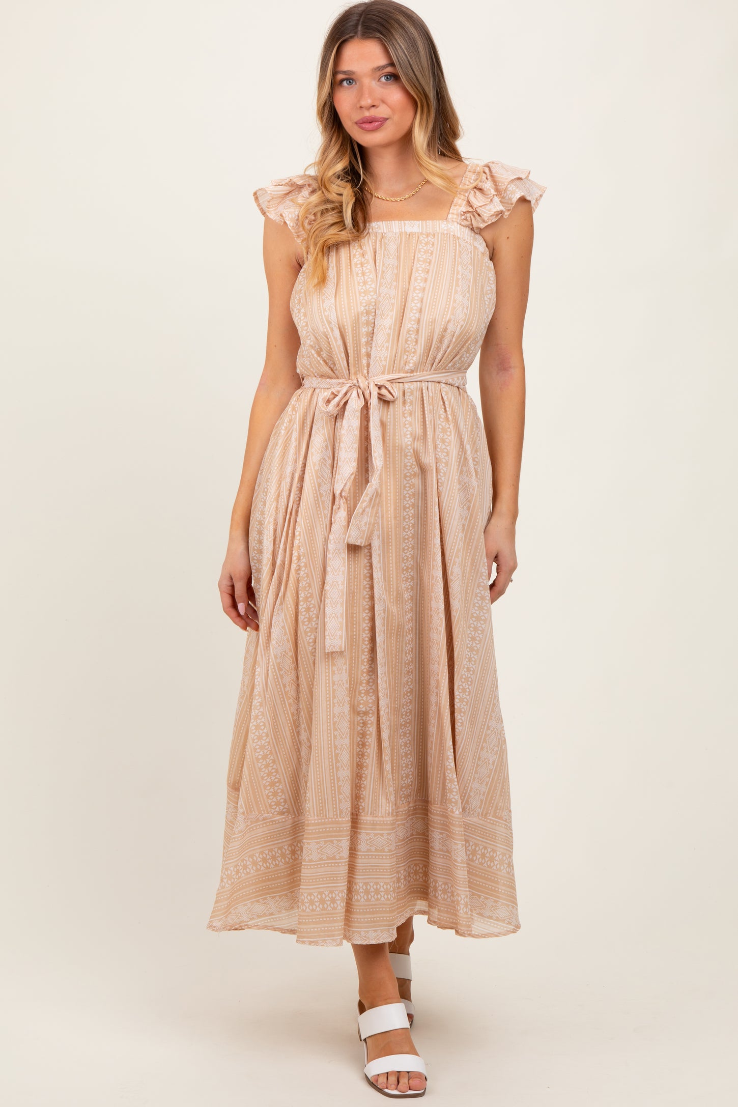 Peach Printed Ruffle Sleeve Sash Tie Maternity Midi Dress