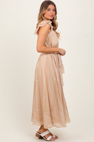 Peach Printed Ruffle Sleeve Sash Tie Midi Dress