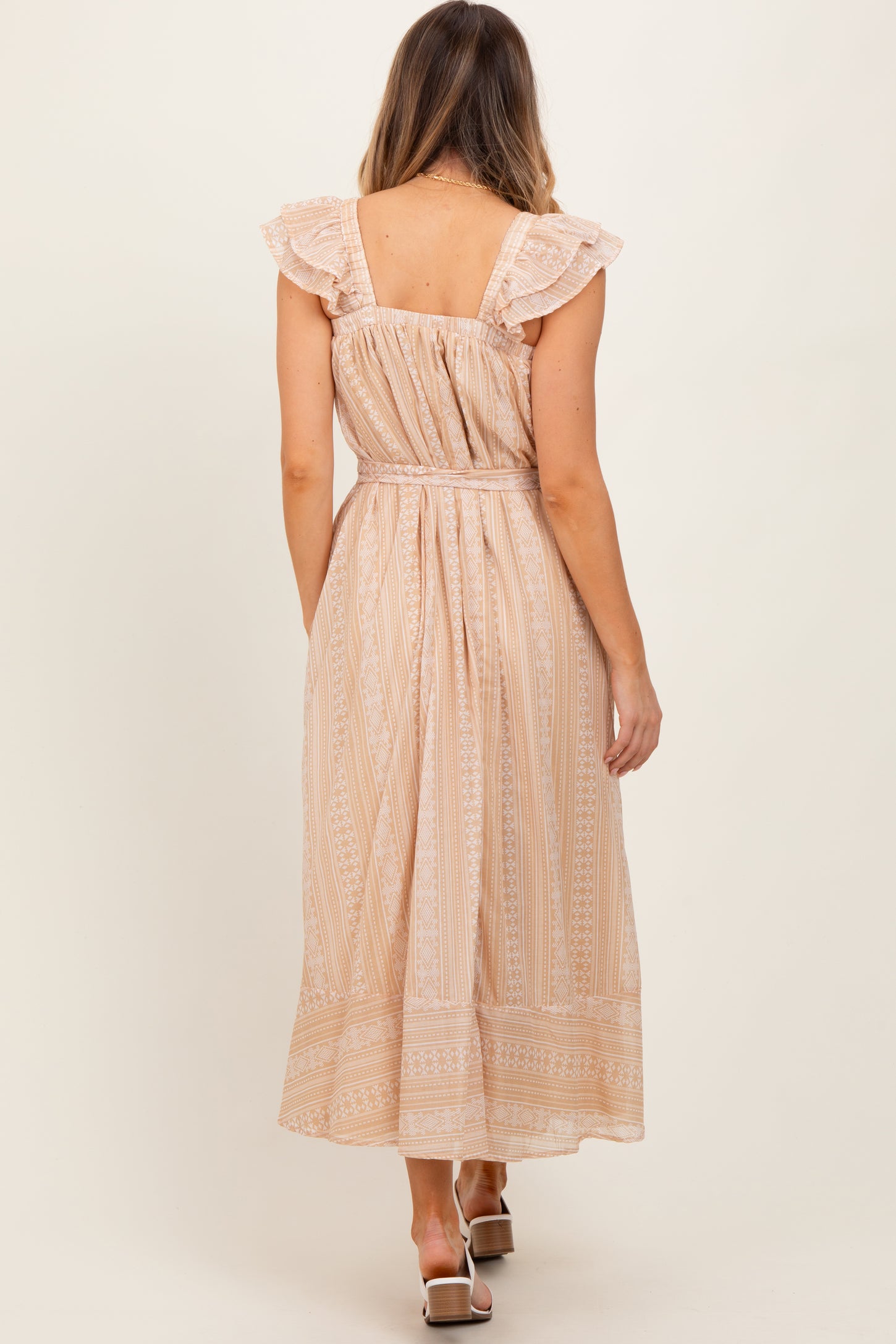 Peach Printed Ruffle Sleeve Sash Tie Midi Dress
