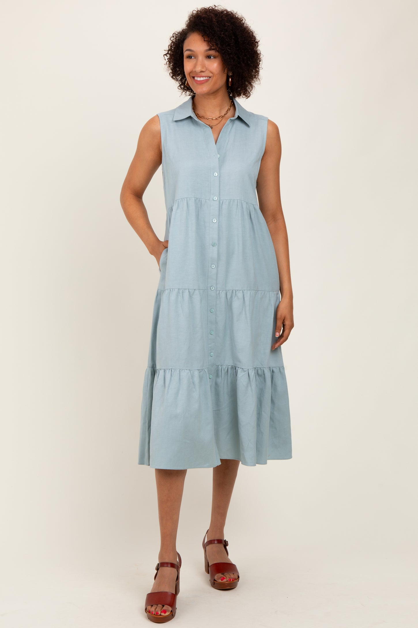 Light Olive Tiered Sleeveless Midi Shirt Dress