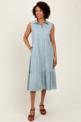 Light Olive Tiered Sleeveless Midi Shirt Dress