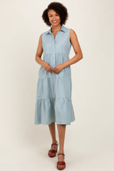 Light Olive Tiered Sleeveless Midi Shirt Dress