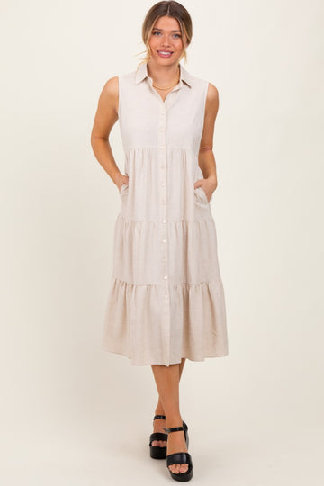 Cream Tiered Sleeveless Midi Shirt Dress