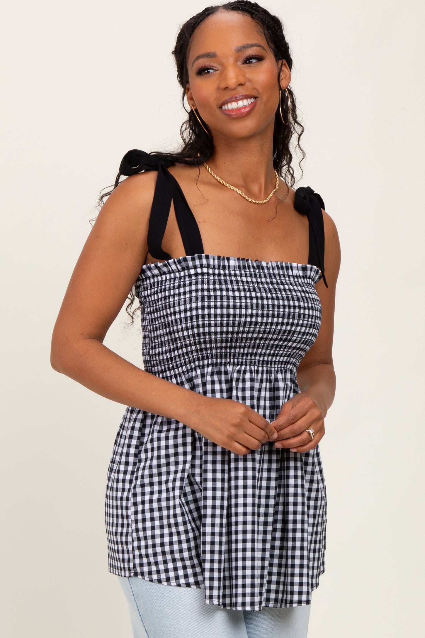 Black Gingham Smocked Shoulder Tie Top
