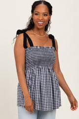 Black Gingham Smocked Shoulder Tie Top
