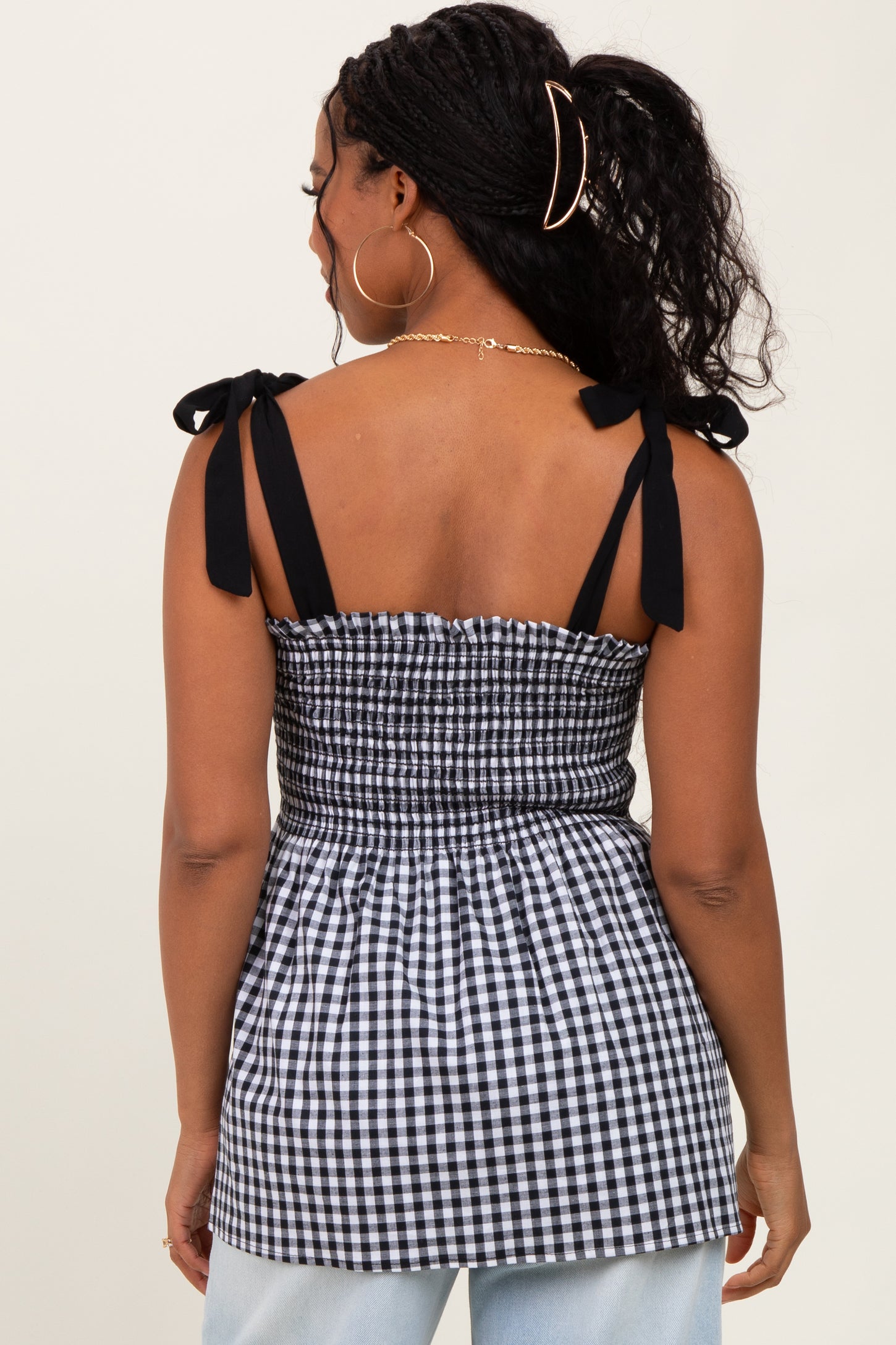 Black Gingham Smocked Shoulder Tie Top