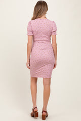 Mauve Floral Ribbed Puff Sleeve Maternity Fitted Dress