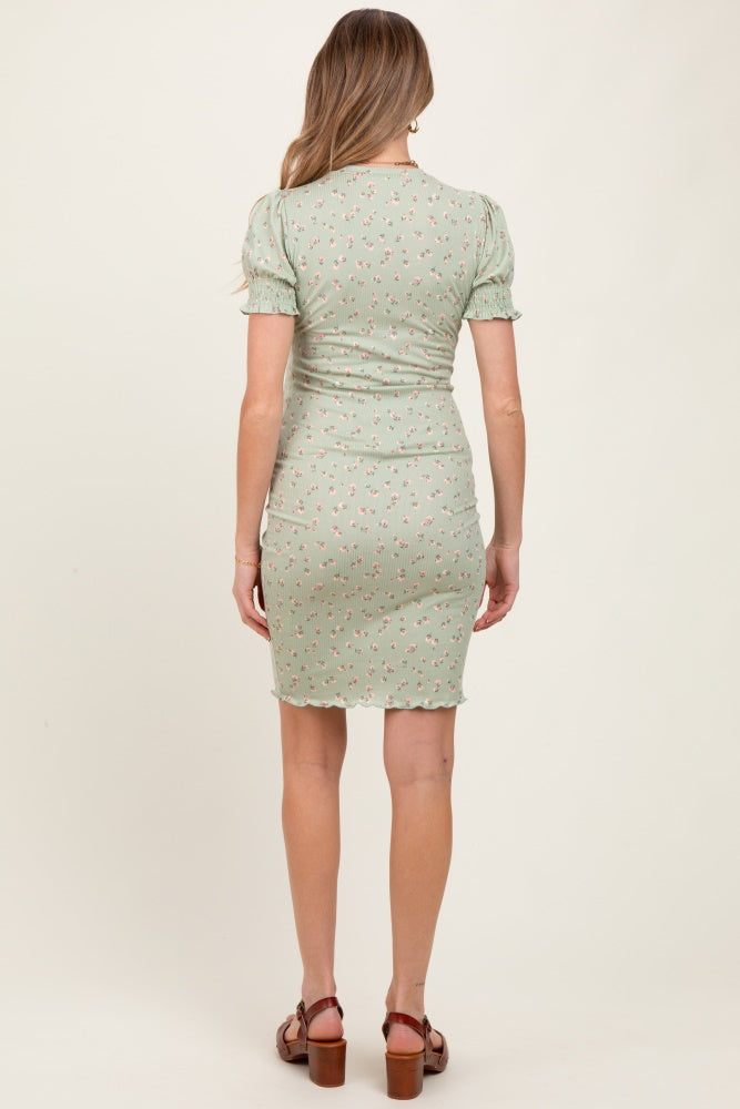 Light Olive Floral Ribbed Puff Sleeve Maternity Fitted Dress