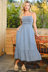 Blue Chambray Smocked Midi Dress