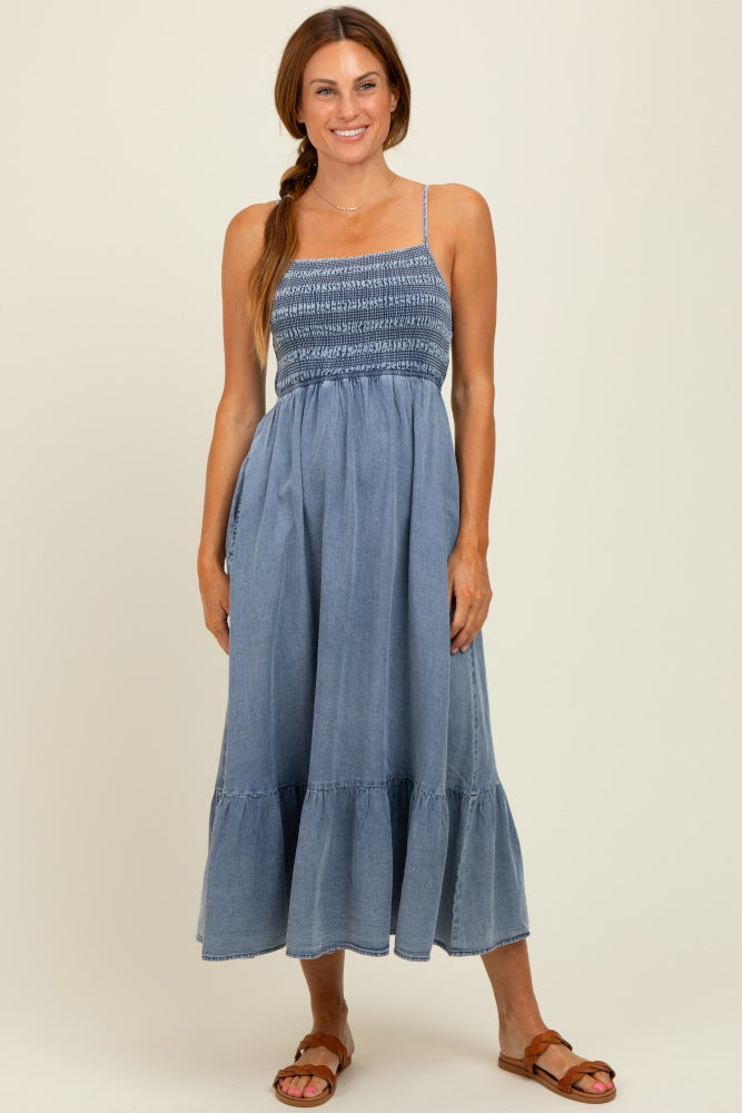 Blue Chambray Smocked Midi Dress