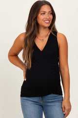 Black Ribbed Crossover Neckline Maternity/Nursing Tank