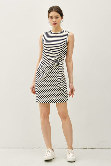 Navy Striped Sleeveless Side Tie Mini Dress