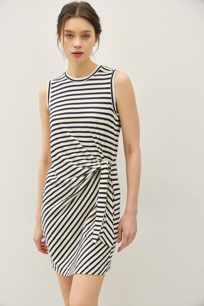 Navy Striped Sleeveless Side Tie Mini Dress