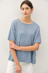 Blue Knit Drop Shoulder Short Sleeve Top