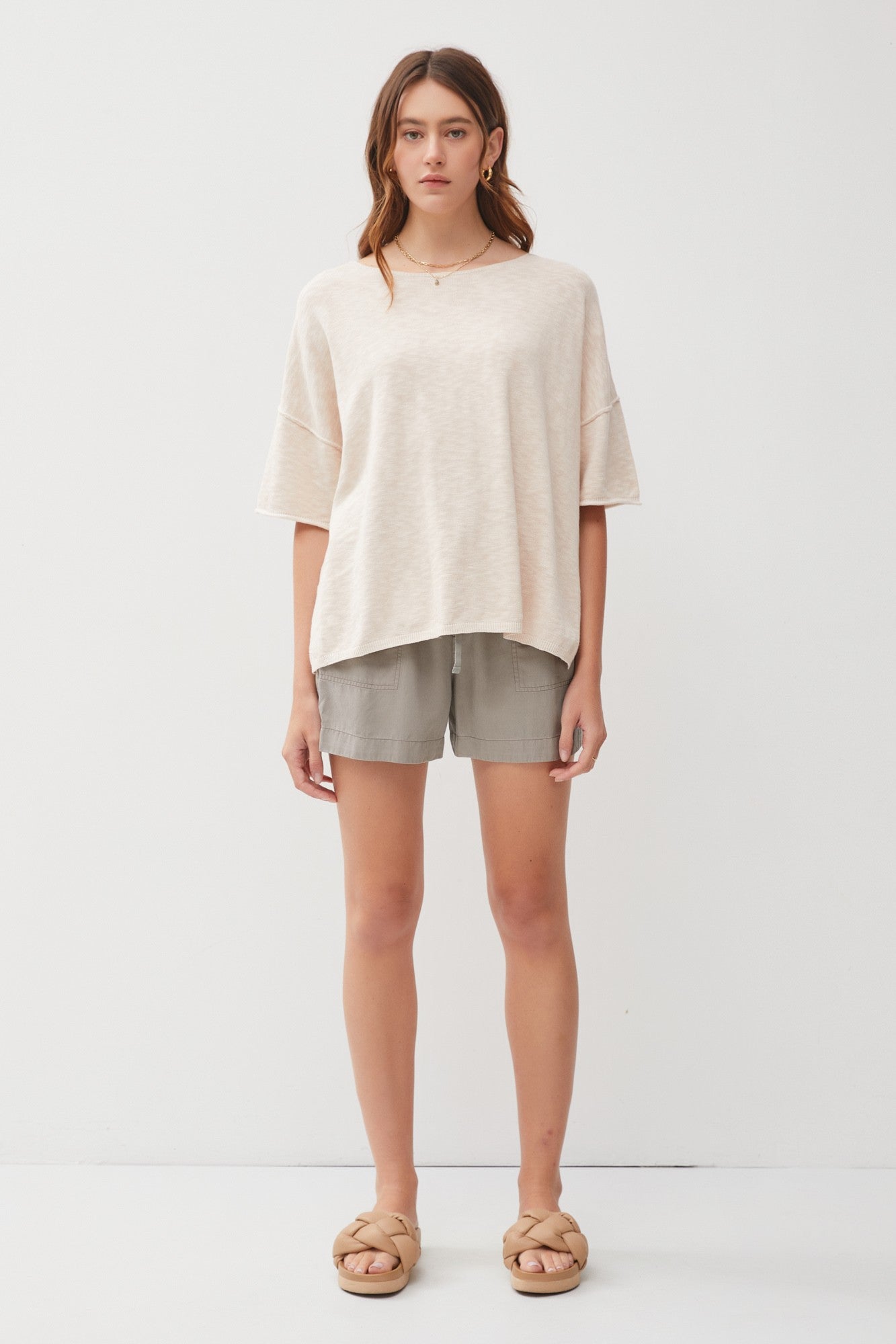 Cream Knit Drop Shoulder Short Sleeve Top