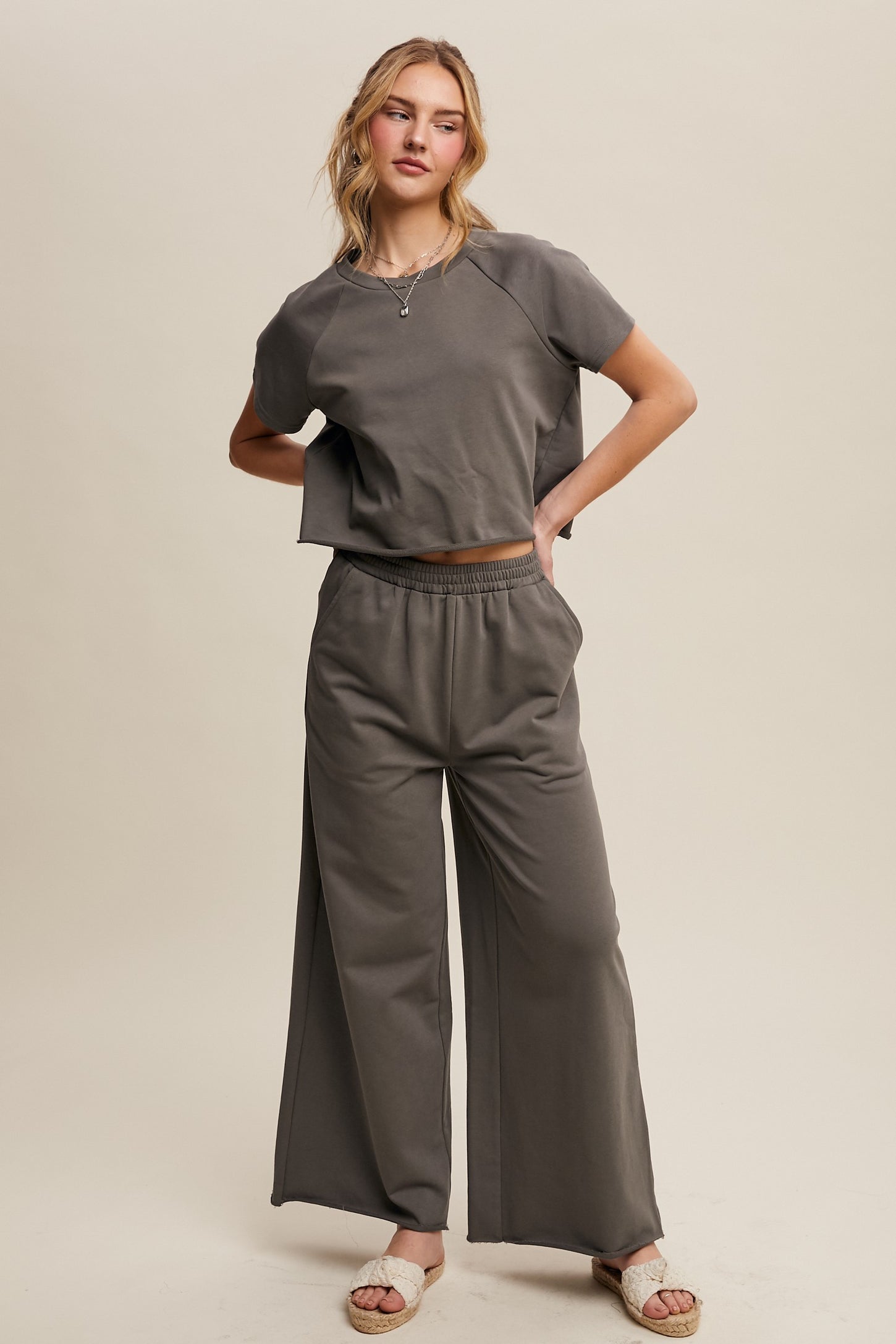 Olive Basic Tee And Wide Leg Pant Maternity Set