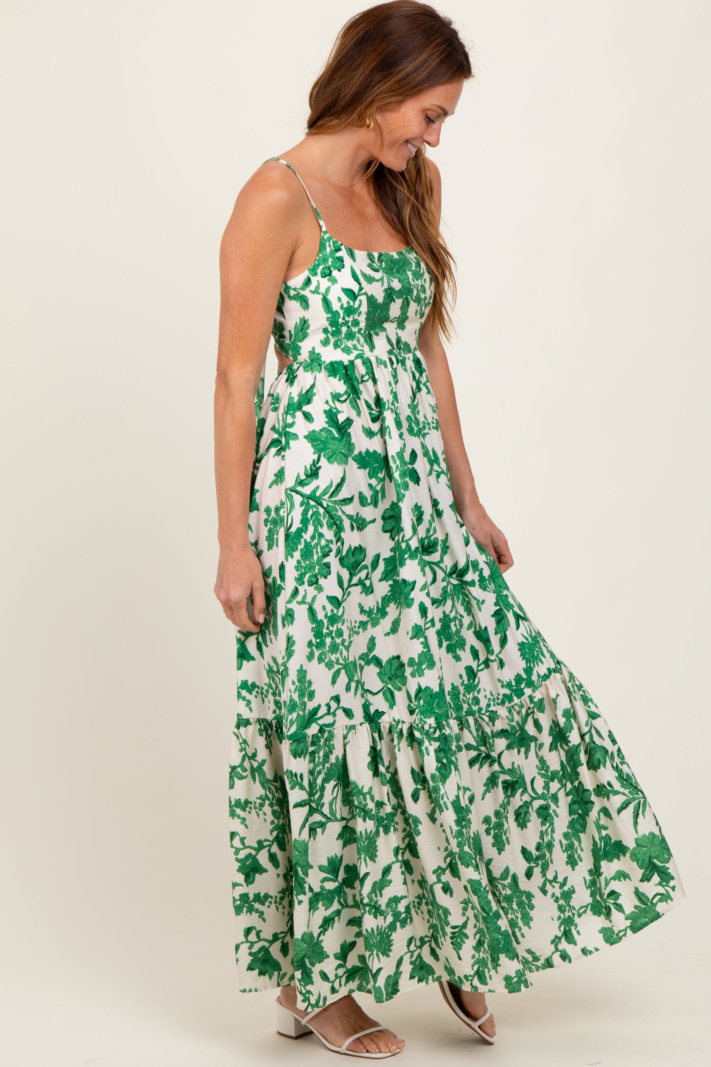 Green Floral Cutout Tie Back Maxi Dress