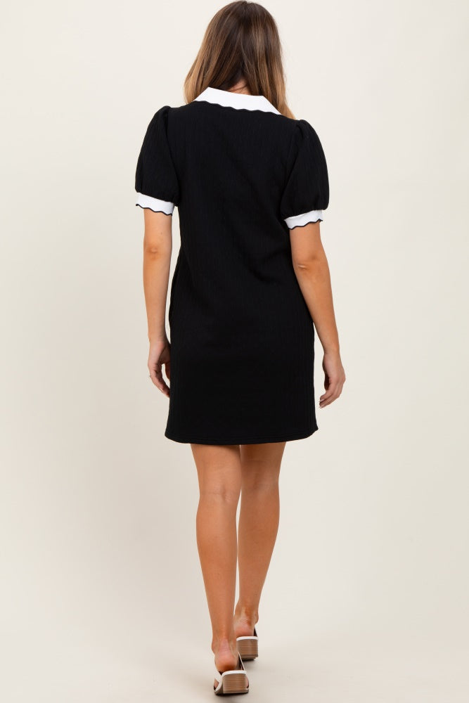 Black Textured Knit Contrast Collar Mini Dress