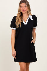 Black Textured Knit Contrast Collar Maternity Mini Dress