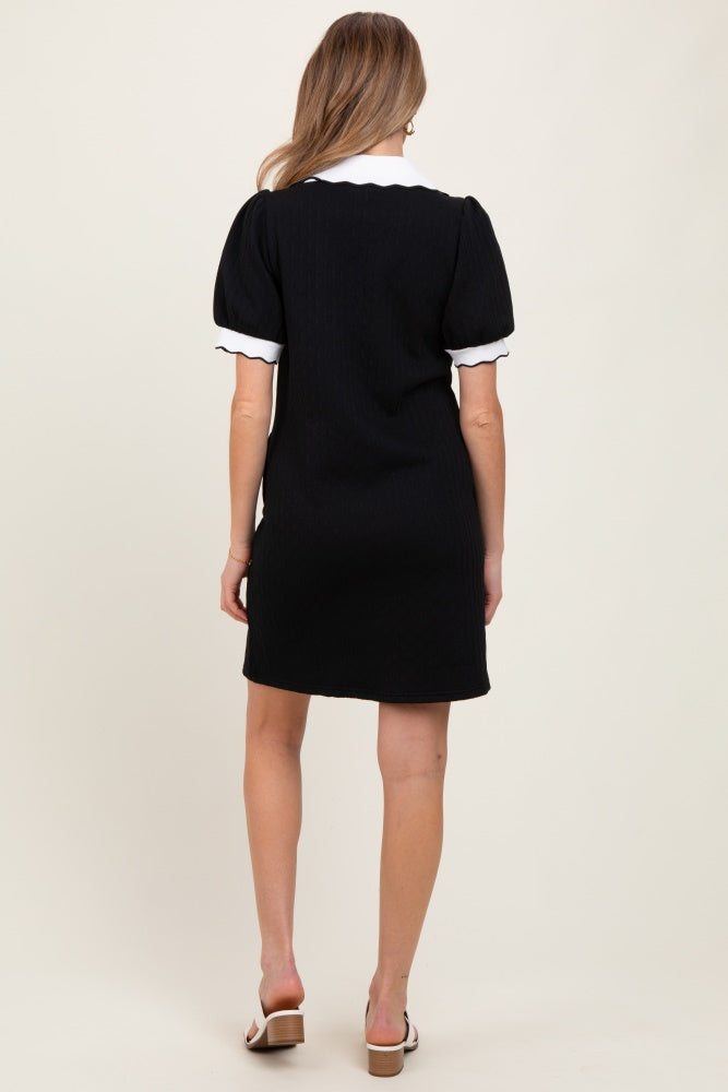 Black Textured Knit Contrast Collar Maternity Mini Dress