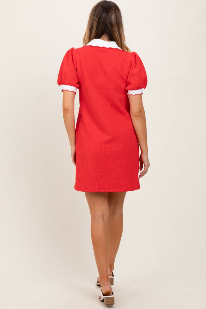 Red Textured Knit Contrast Collar Mini Dress