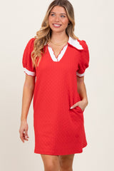 Red Textured Knit Contrast Collar Mini Dress