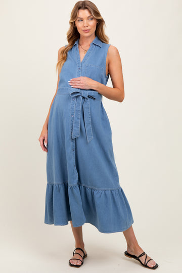 Blue Chambray Sleeveless Sash Tie Maternity Shirt Dress