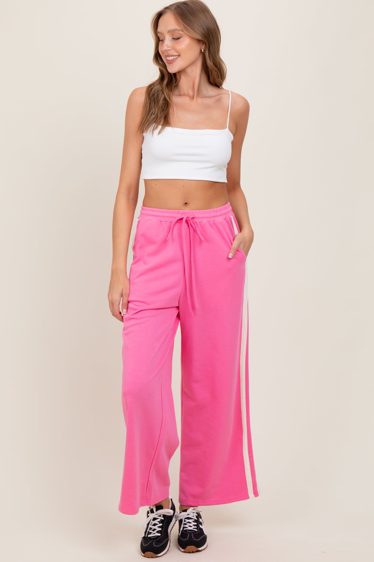 Pink Terry Side Stripe Drawstring Pants