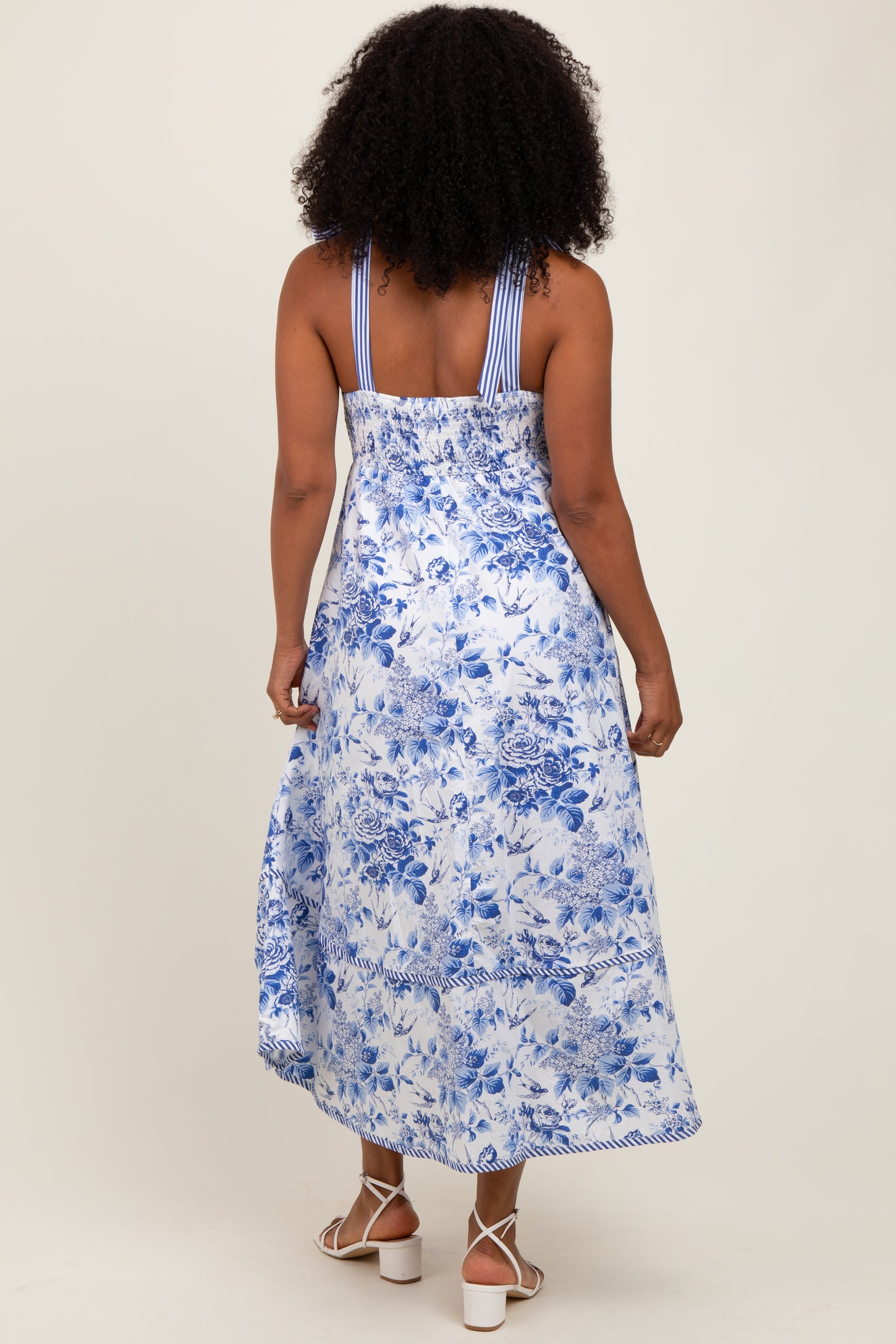 Blue Floral Shoulder Tie Striped Trim Midi Dress