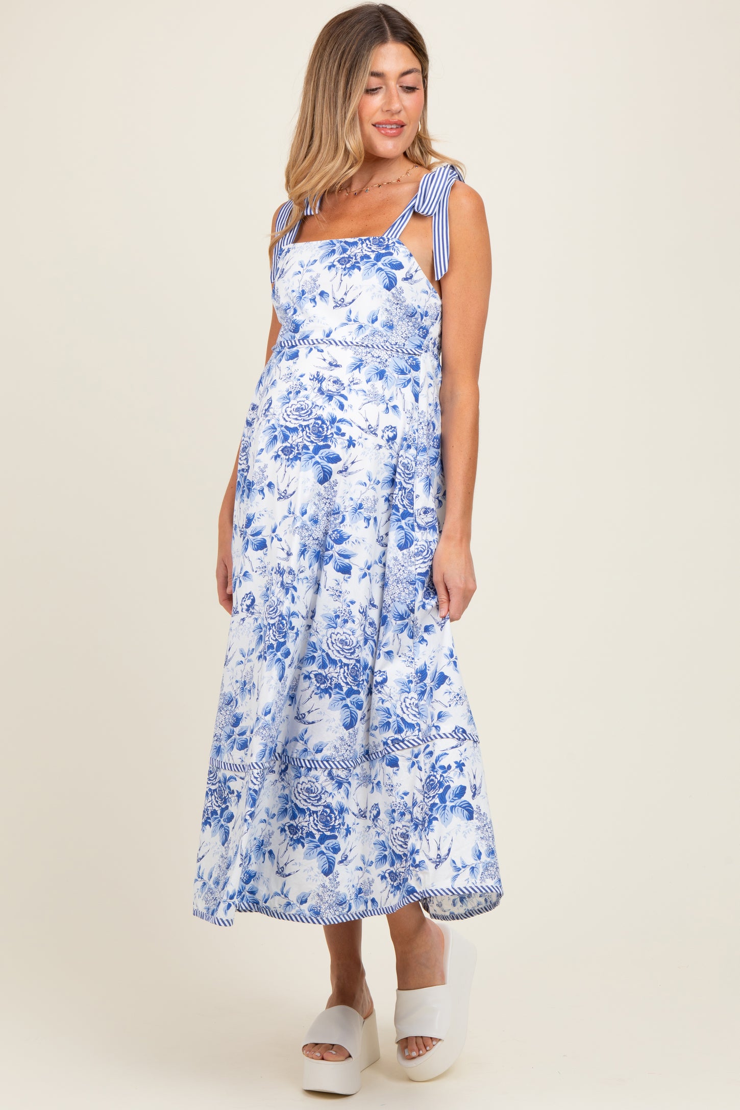 Blue Floral Shoulder Tie Striped Trim Maternity Midi Dress